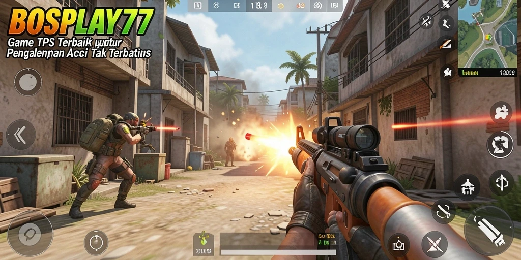 Tampilan gameplay epik dari BOSPLAY77 dalam pertempuran TPS.