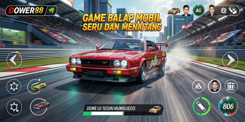 Screenshot gameplay DOWER88 menampilkan balapan mobil yang cepat dan seru.
