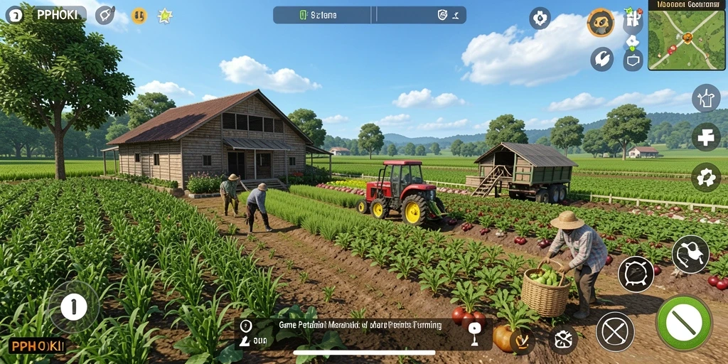 Screenshot gameplay PPHOKI menampilkan aktivitas bertani yang seru.