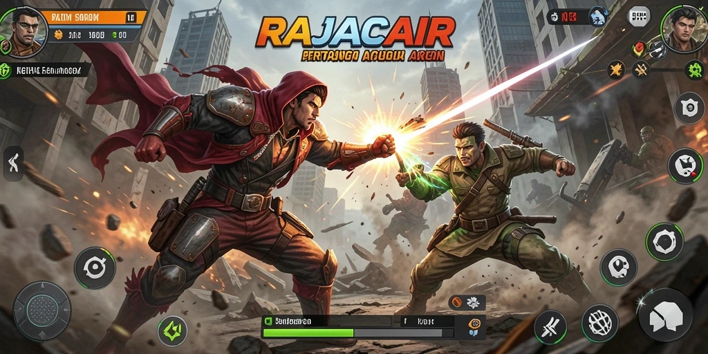 Screenshot gameplay RAJACAIR menampilkan pertarungan seru antara karakter yang dinamis.