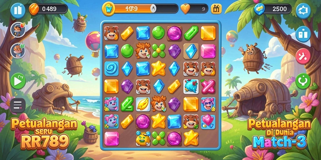 Screenshot gameplay RR789 menunjukkan momen seru mencocokkan permata.