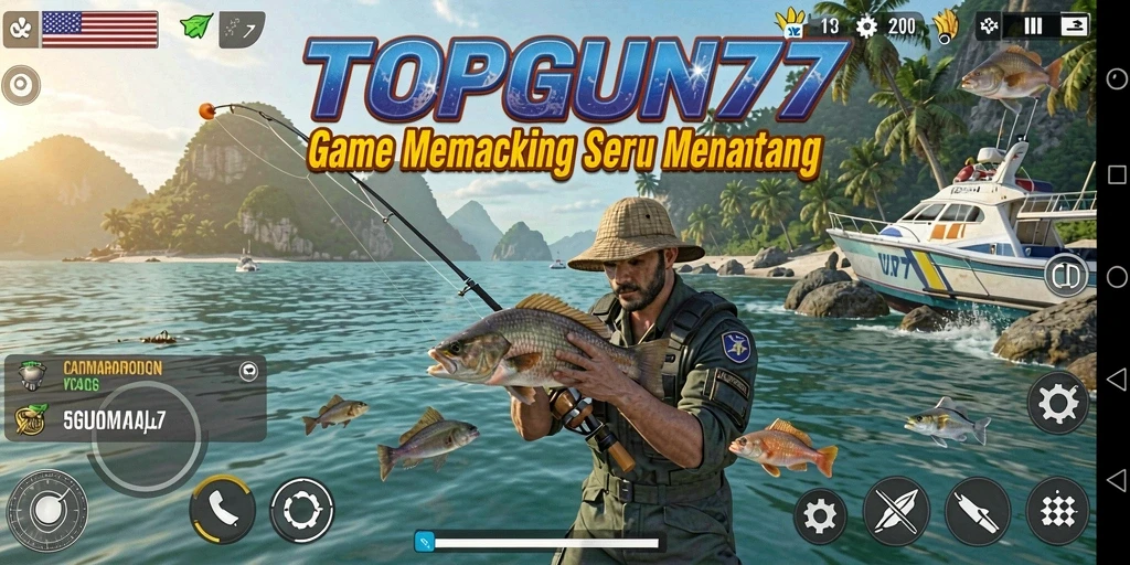 Screenshot menampilkan aksi memancing seru dalam TOPGUN77.
