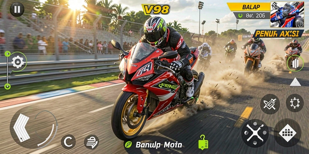 Gameplay V98 yang seru dengan balapan motor menegangkan.